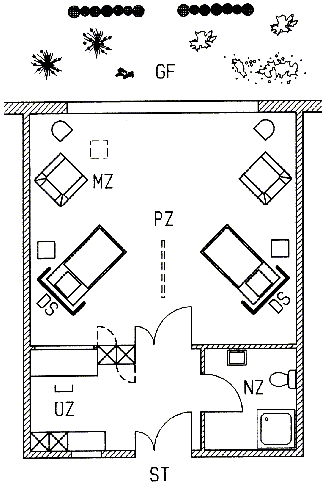 Abb. 6: Intensivzimmer mit Mobilit�tszone (gez.:Dipl.-Ing. H. Pross)